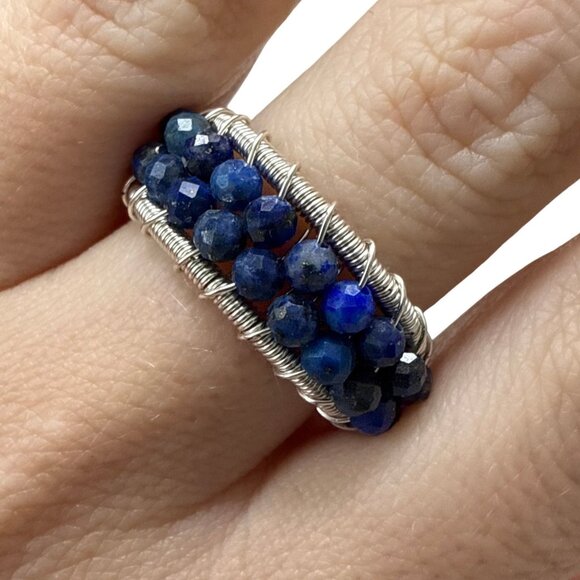 **SOLD**Lapis Lazuli Blue faceted beaded ring gemstone jewelry silver wire - Picture 1 of 8